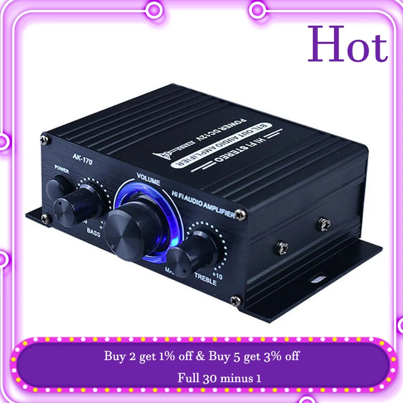 400W DC12V Dual Channel Mini HIFI AUX Power Amplifier for AK 170 with blue LED light