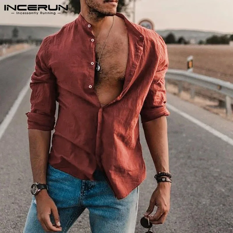 INCERUN 2019 Мужская Повседневная рубашка однотонная Модная Повседневная блузка с длинными рукавами и воротником-стойкой хлопковые мужские