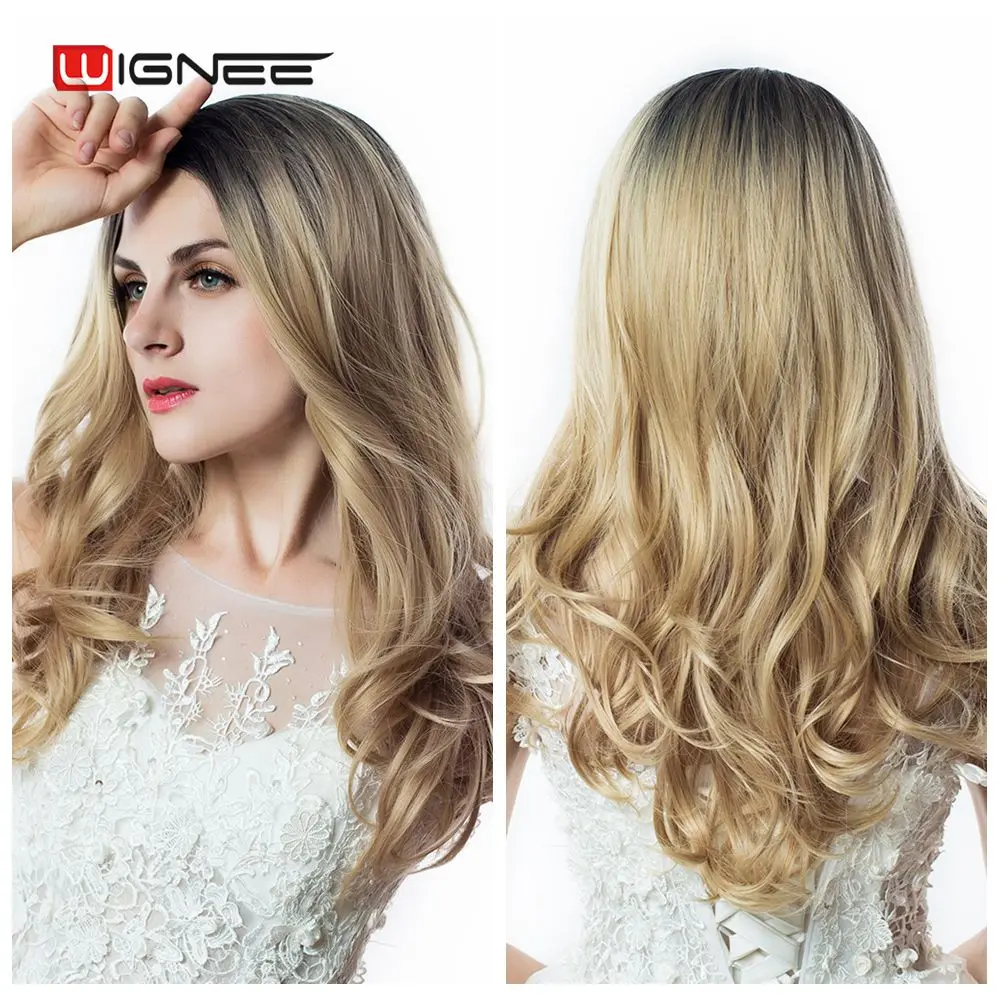 

Wignee Middle Part 2 Tone Ombre Honey Blonde Long Wavy Hair Synthetic Wig Women Heat Resistant Daily/Party Fiber Natural Wigs