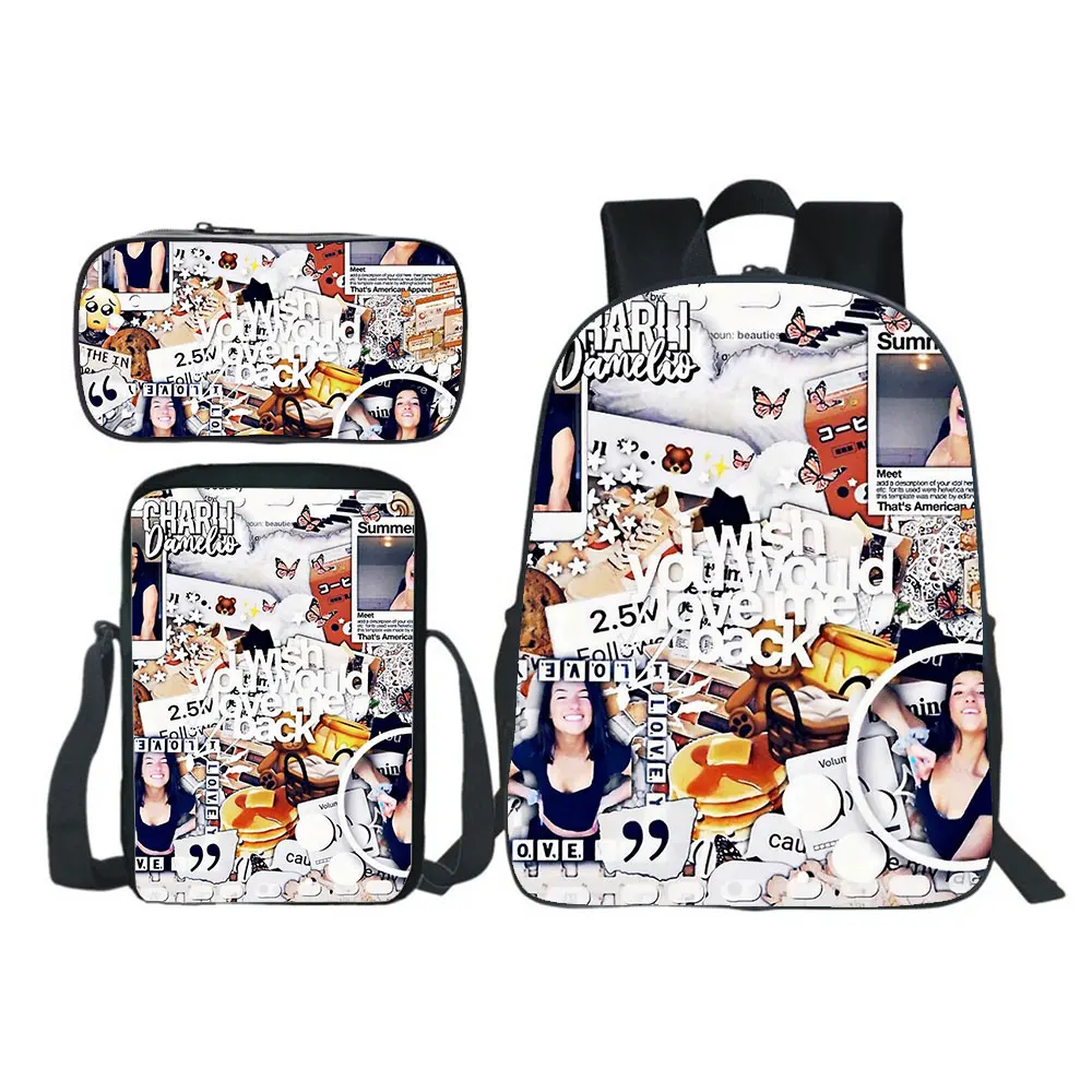 Charli Damelio Student Backpack 3pcs Set Boy Girl School Bag Teens Bookbag Rucksack Gift School supplies
