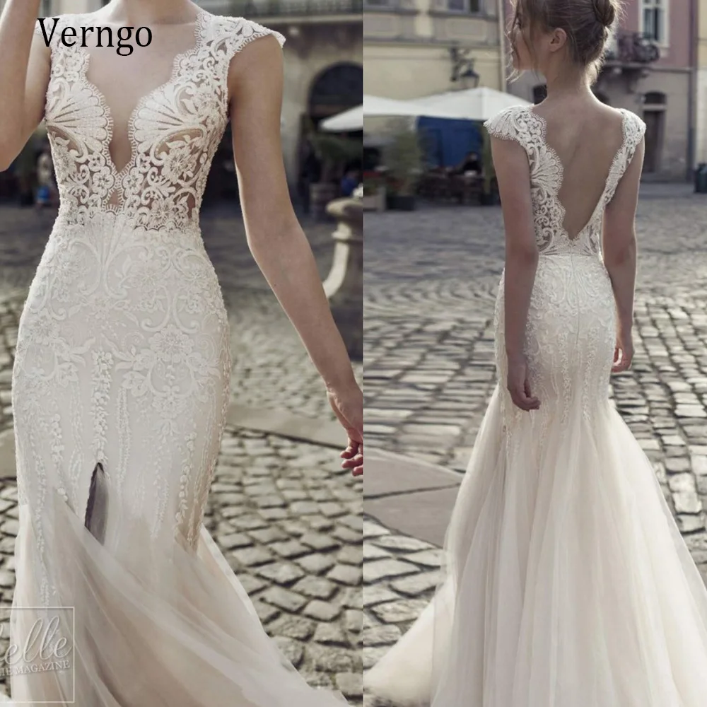 

Verngo Mermaid Wedding Dress Lace Floral V Back Scalloped Neck Elegant Bride Gowns Cap Sleeve Sexy Backless Bridal Dress Slit