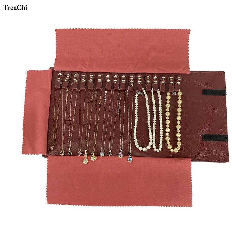 Fashion PU Jewelry Storage Travel Roll Bag For 16Pcs Necklace Red Chain Organizer Display Pouch Bracelet Packaging Roll Bag