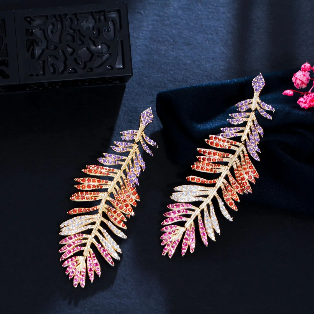 CWWZircons Luxury Multicolor Cubic Zirconia Long Drop Dangle Big Feather Earrings for Women Statement Wedding Jewelry CZ939