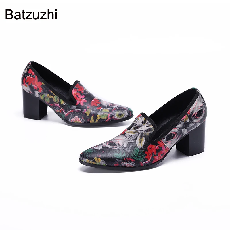 

Batzuzhi 7.5CM High Heels Italian Style Men Shoes Pointed Toe Men Leather Shoes Print Flowers Fashion Party&Wedding Shoes Men