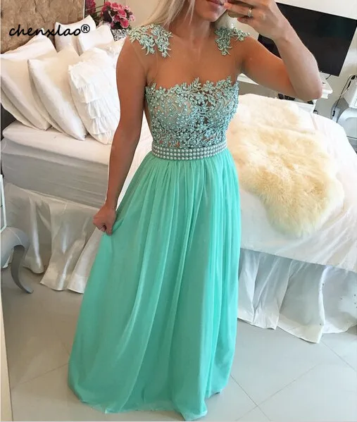 

Cap Sleeve Chiffon Turquoise Blue Peals Prom Dresses 2019 Elegant Long Applique Cheap Formal Dresses Modest Graduation Dresses