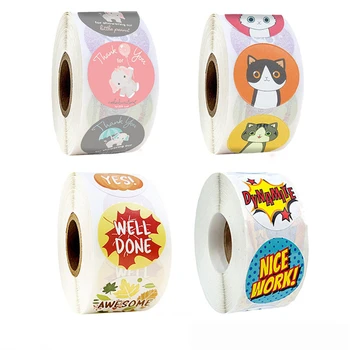 

500pcs/roll Cartoon Thank You Stickers 1 Inch Cute Elephant Cat Dynamite Adhesive Tape for Wrapping School Kid Gift Reward A6051