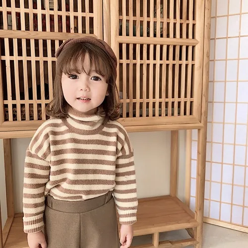 Зимний норковый свитер для маленьких девочек Детский Теплый Топ свитер в полоску с высоким воротником и длинными рукавами вязаная верхняя одежда для малышей - Цвет: coffee strip