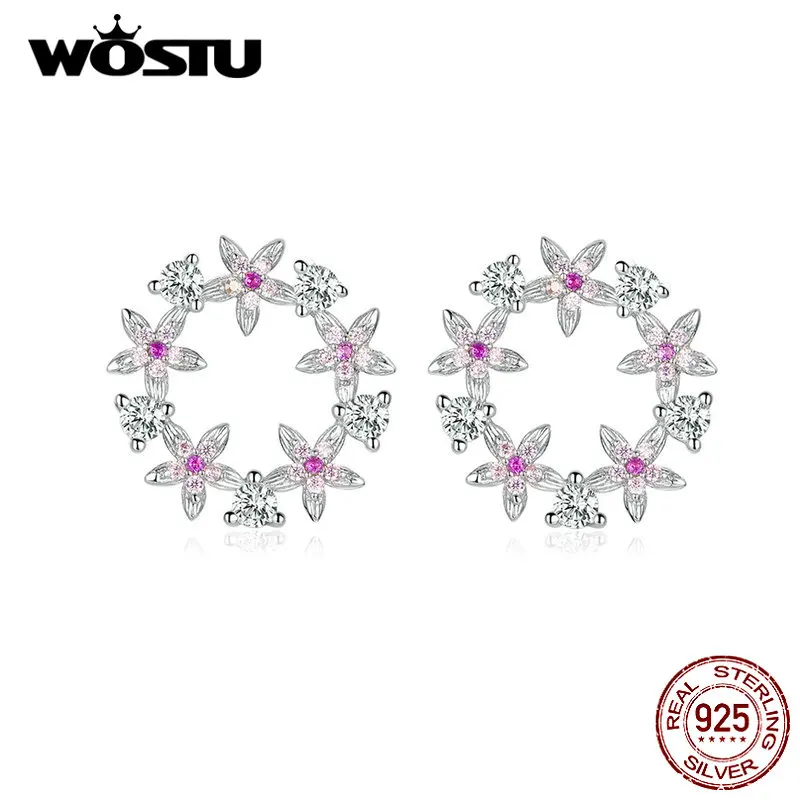 WOSTU, 925 пробы, серебряные, с цветами, круглые серьги-гвоздики для женщин, розовые, циркониевые, маленькие серьги, свадебные, вечерние, ювелирные изделия, CTE307