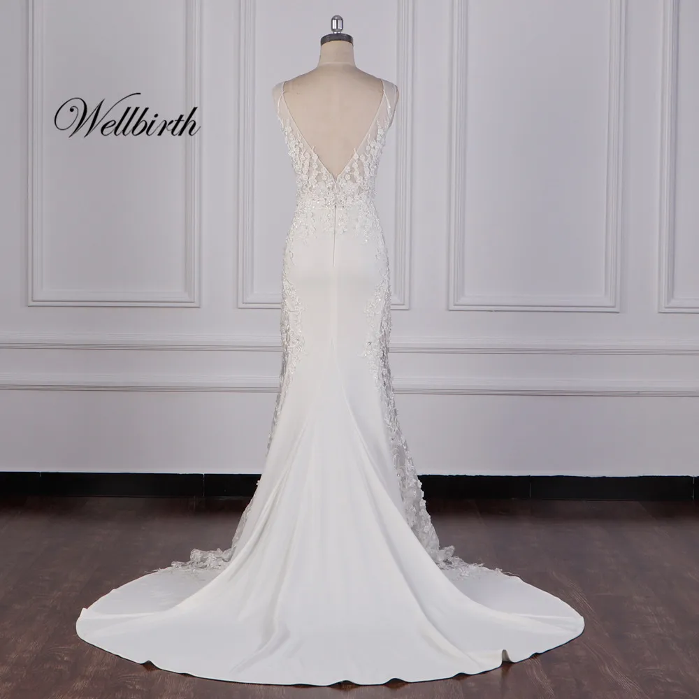 Реальное изображение Wellbirth Vestido de novia v-образный вырез Русалка свадебное платье с коротким рукавом свадебное платье jc039