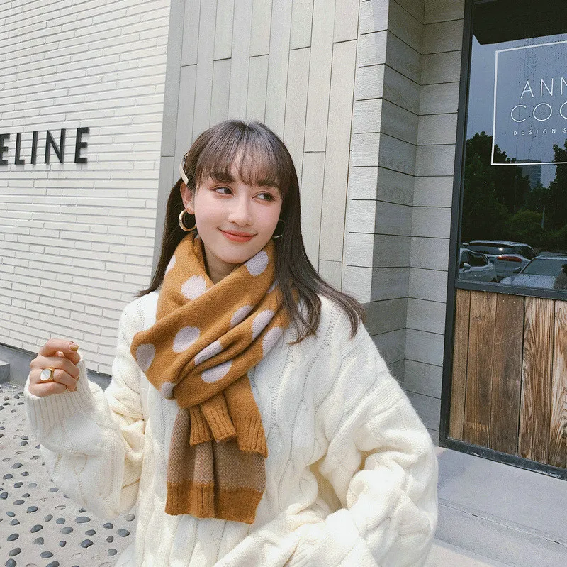 Новинка, зимний Корейский шарф в горошек, женские теплые вязаные шарфы, женские шарфы