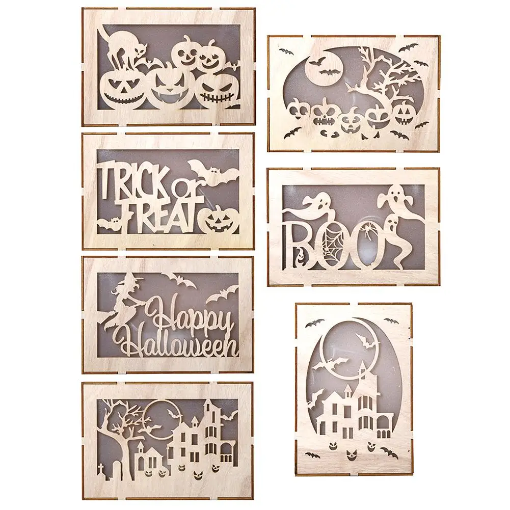 

Halloween Festival Home Decorative Craft Wood Rectangle Lightweight and Delicate New and High Quality Hollow LED Lamp Ornament