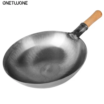 

Traditional Handmade 100% Iron Wok Thickening Non Coated Round Bottom Pan Wok Cook Large Cooking Pot Wood Handle Lid