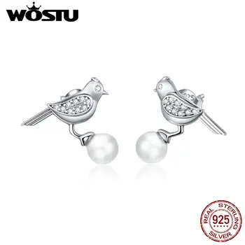 

WOSTU Silver Exquisite Earrings 925 Sterling Silver Spring Freshwater Pearl Bird Stud Earrings for Women Wedding Jewelry CQE901