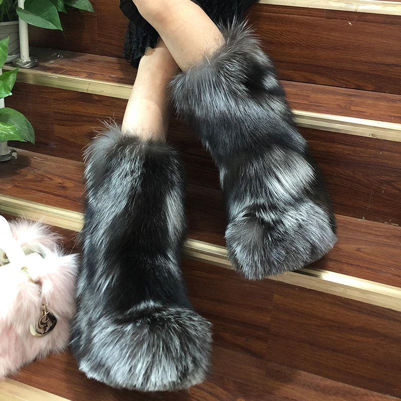 

2022 Womens Round Toe Mid Calf Boots Real Sliver Fox Fur Furry Hidden Heel Warm Winter Snow Shoes Custom Made Colors New 2022