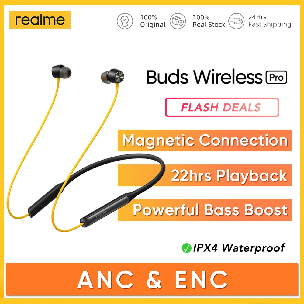 realme Buds Wireless Pro ANC ENC Active Noise Cancellation  Yellow Sports Headset 22hrs Playback Bluetooth 5.0 Earphone AAC SBC