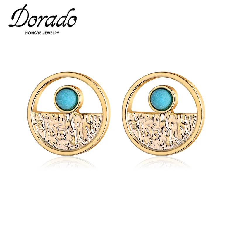 

Dorado Hollow Round Retro Metal Stud Earrings For Women Blue Stone Attractive Party Fashion Gifts 2020 Brincos Accessories New