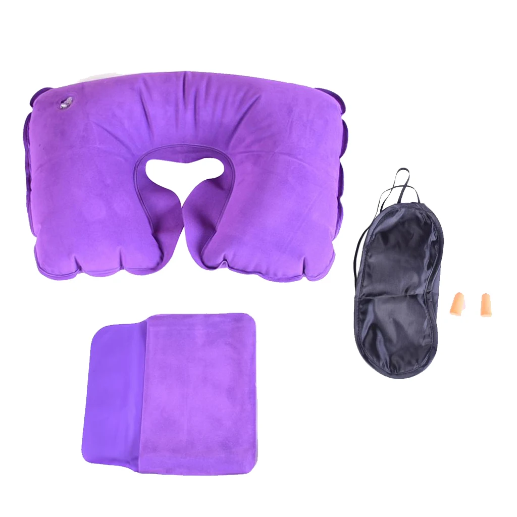 U Shaped Inflatable Travel Pillow Neck Support Cushion for Long Haul Flights/Car Restful Sleep/Office Nap, with Ear Plug & Mask