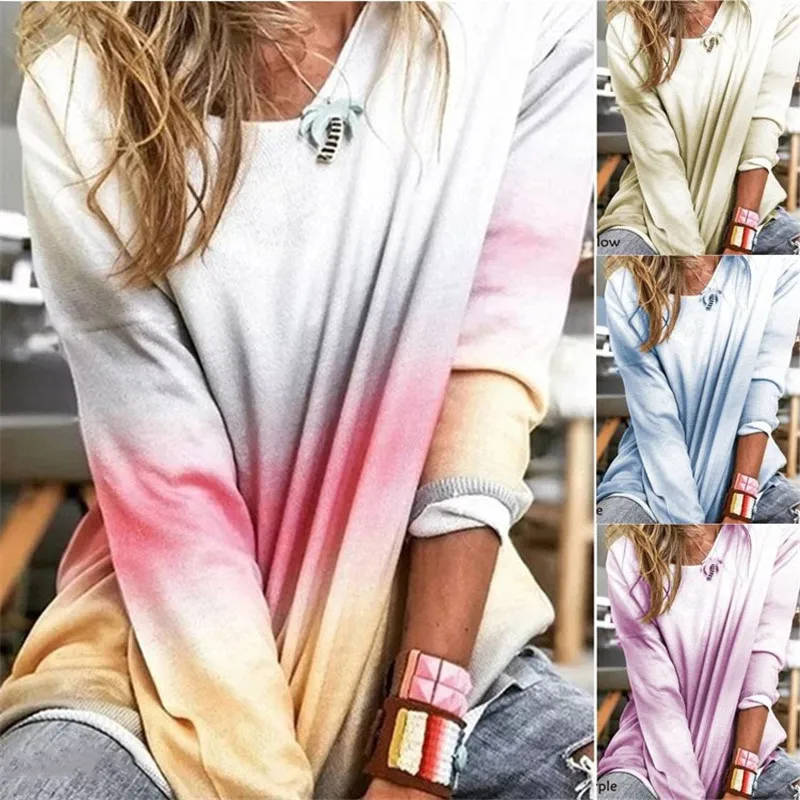 

2019 New Streetwear Women Fall V-Neck Long Sleeve Loose T-Shirt Gradient Female T-Shirt Autumn Casual Large Size S-5XL Pullovers