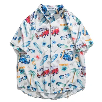 

Women Mens 2020 Hip Hop Shirt Streetwear Glasses Bus Print Men Hawaiian Shirt Loose Harajuku Summer Beach Shirt Short Sleeve