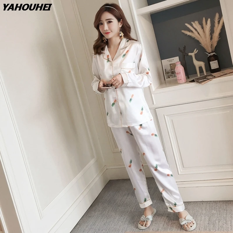 

Silk Satin Print Pajama Set For Women 2020 Autumn Long Sleeve Homewear Pyjama Female Comfortable Loungewear Pijama Home Clothing