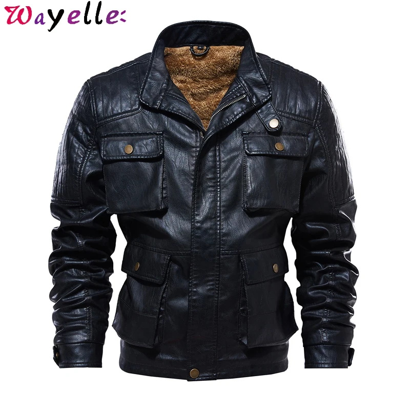 Мужская куртка из искусственной кожи зимняя повседневная утолщенная флисовая куртка из искусственной кожи мужская куртка с карманами плюс бархатная мотоциклетная байкерская куртка 5XL