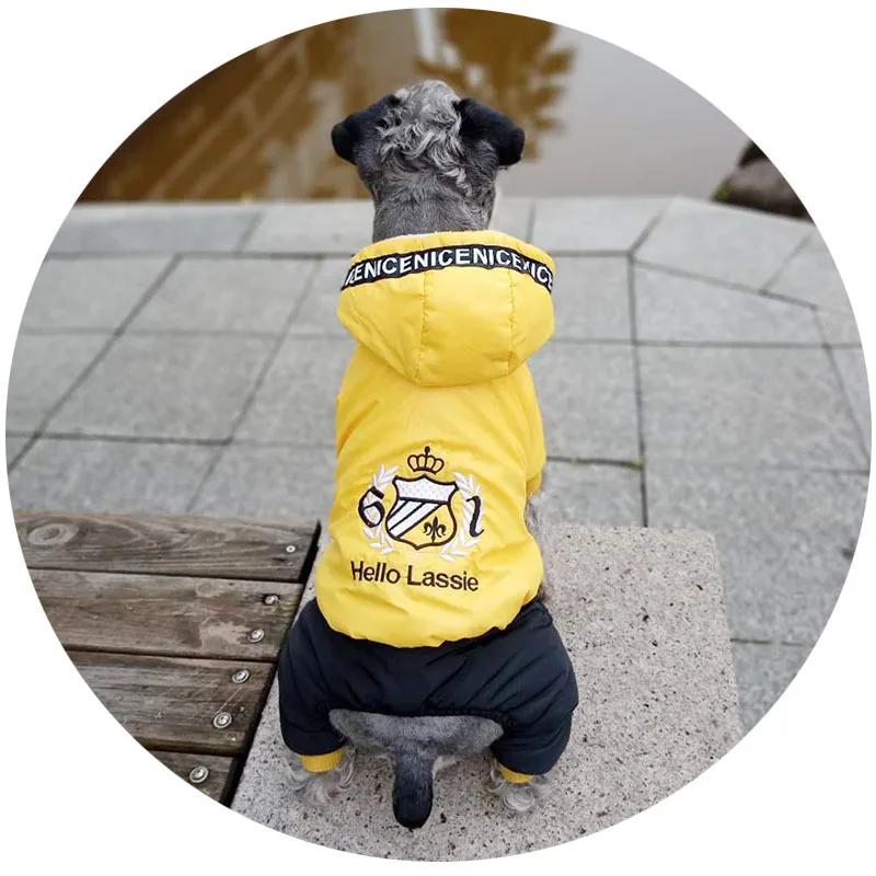 Новейшая осенняя и зимняя утолщенная теплая одежда для домашних животных желтого цвета, размеры S-xxl, одежда с хлопковой подкладкой для маленьких собак, комбинезон