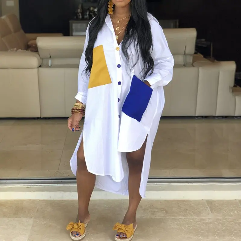 

2019 Autumn Women Dress Pocket Patchwork Loose Long Shirt Dress Office Ladies Daily Causal Female Party Dresses African Style