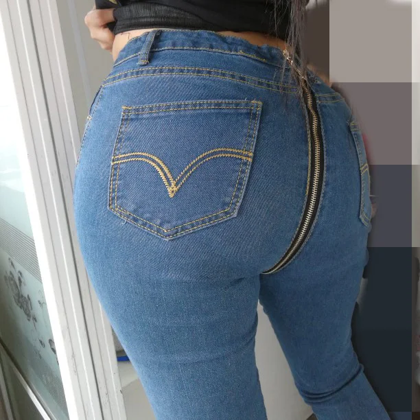 Open Crotchless Outdoor Sex Jeans Pants Women Fashion Zipper Back Skinny High Waist Denim Trousers Hot Sexy Clothes Female