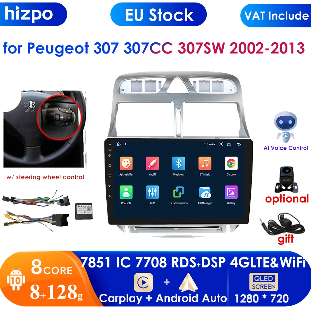 8GB+128GB AI Voice For Peugeot 307 SW 307CC 307SW 2002 - 2013 Car Radio 2 Din Android Auto Multimedia GPS Track Carplay 2din DVD |