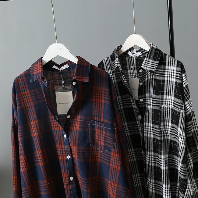Blusas mujer de moda, женские топы с длинным рукавом, OL, на пуговицах, в клетку, с отложным воротником, рубашки для женщин, топы, клетчатая рубашка 6805 50