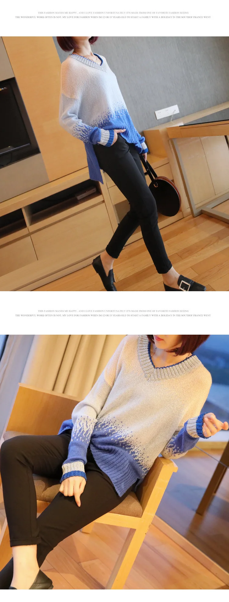 Korean fashion hit color v-neck sweater autumn and winter new women loose in the long section long-sleeved knit shirt