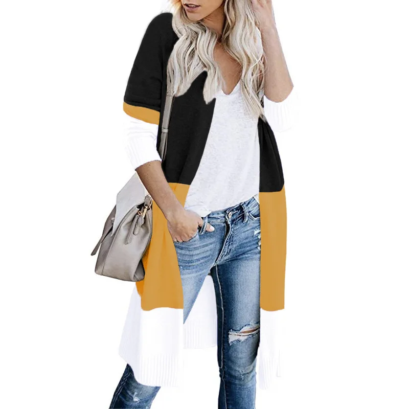 Женский Повседневный Кардиган, Осенний вязаный свитер с длинным рукавом, разноцветный длинный зимний женский джемпер, Свободный кардиган с открытой передней частью