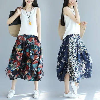 

Ethnic Style Plus Size Loose Cotton Linen Pants Women Art Elastic Waist Floral Wide-Leg Cropped Pants Spring Summer