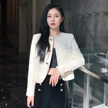 2021 Spring Autumn Women White Jacket Designer Round Neck Single Breasted Short Irregular Tweed Jacket Coat Streetwear Jackets