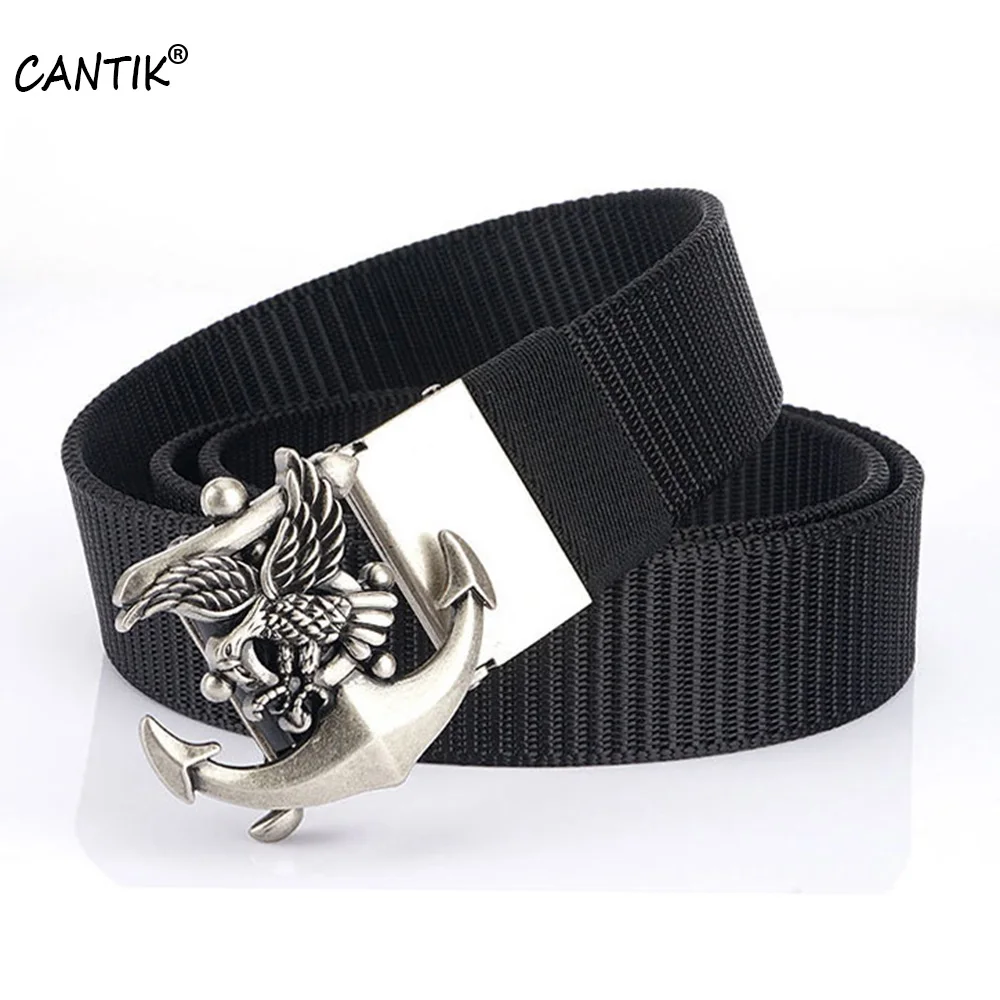 CANTIK Unique Flying Eagle Hook Automatic Buckle Metal Quality Black Nylon & Canvas Belts Men Accessories 3.5cm Width CBCA265