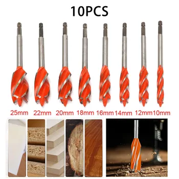 

8Pcs Drill Bit Long Four Slot Four-Blade Punching Hole Drill Bits 1/4" Hex Shank 10-25mm Woodworking Drill Bit Hole Opener