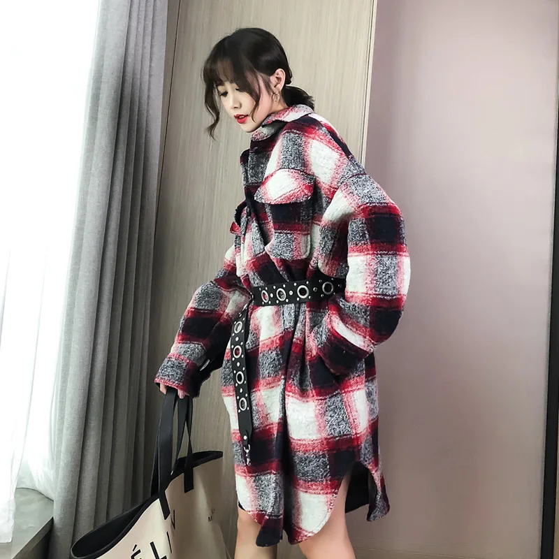 19 Autumn And Winter Loose-Fit Oversized Vintage Tweed Pattern Wool Coat Shirt Long Woolen Coat Women's