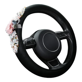 

New Ladies Girl Special Pearl Flower Style Steering Wheel Cover Plush Non-slip Warm Car Steering Cover 38 Cm