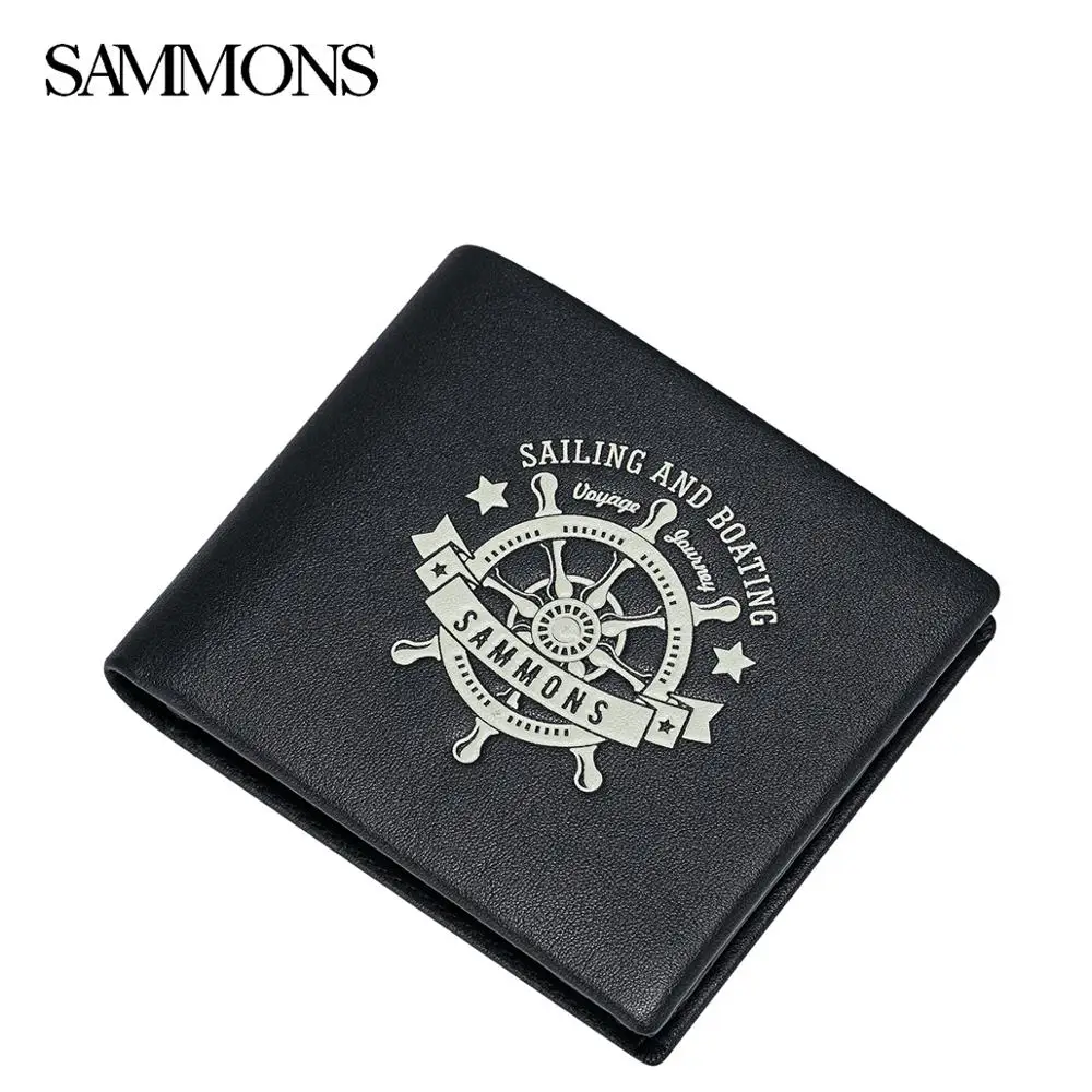 

SAMMONS Brand Male Genuine Leather Short Purse Fashion Cowhide Brief Printing Sailing and Boating Men's Wallets
