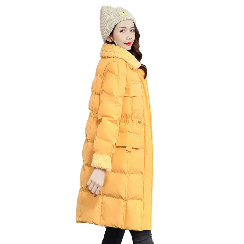 

Korean style long jacket women down cotton turndown collar wind proof women's winter coats thick super warm casual slim parkers