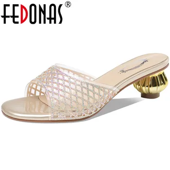 

FEDONAS Fashion Sweet Rhinestone Silvers Sandals For Women Glitters Summer Strange Heels Slippers Women Casual Basic Shoes Woman