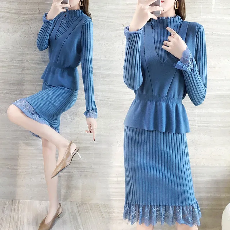 

2 piece set women new style autumn fashion solid color temperament vest sweater dress two-piece lace elegant skirt suit
