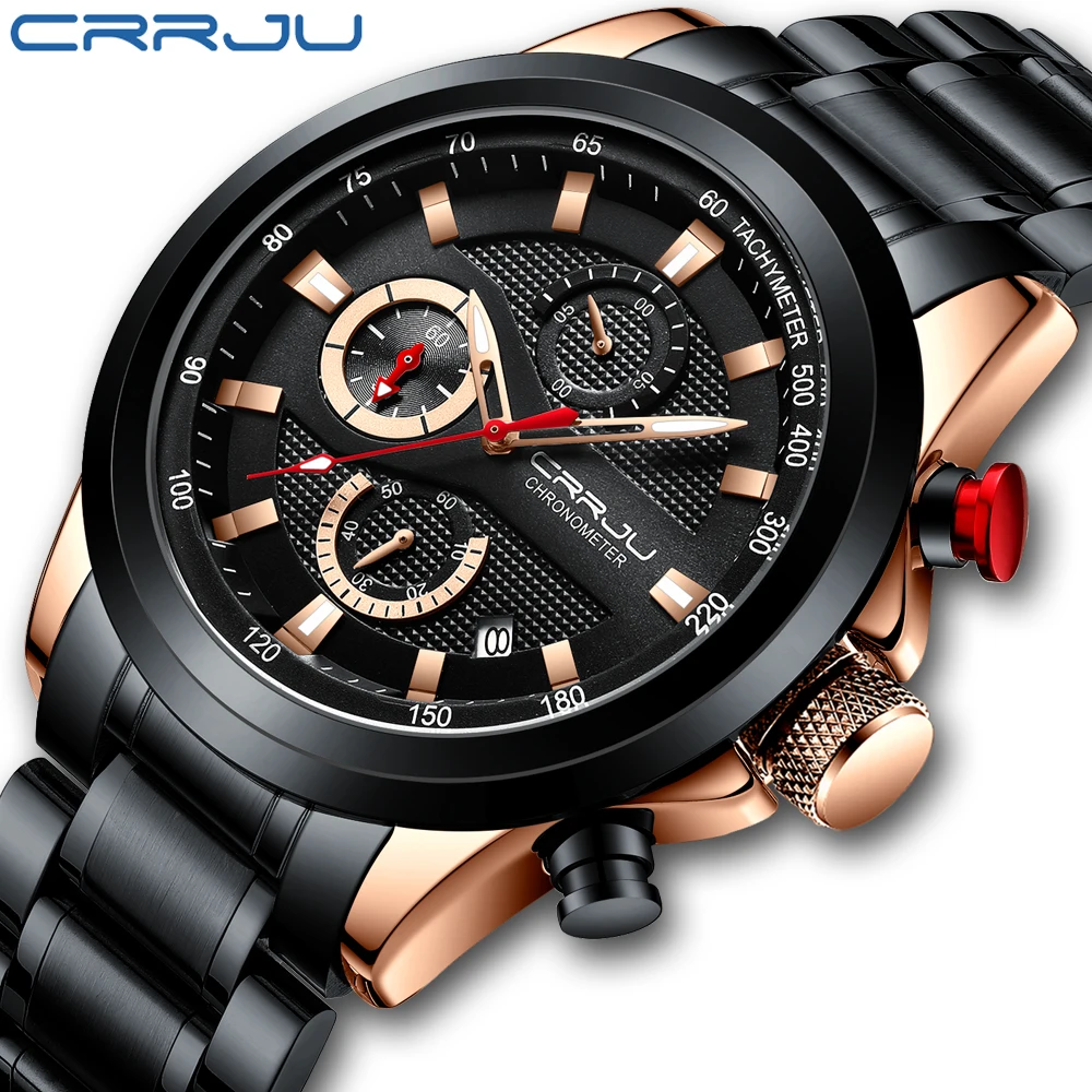 

Watches CRRJU Stainless Steel Mens Watches 2020 New Luxury Business Luminous Chronograph Date Quartz Watch Relogio Masculino
