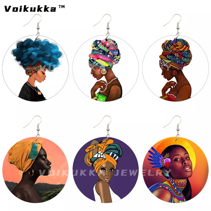 Voikukka Jewelry 6 Cm Circle African Women With Blue Hair Art Afro Girl Painting Wood Both Sides Printing Dangle Earrings