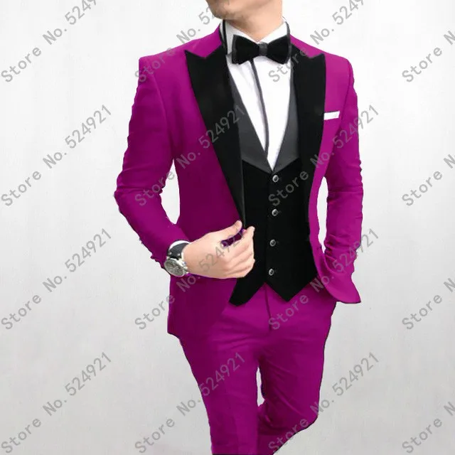 

New Arrival Groomsmen Peak Velvet Lapel Groom Tuxedos Fuchsia+Black Men Suits Wedding Best Man (Jacket+Pants+Bow Tie+Vest) C627