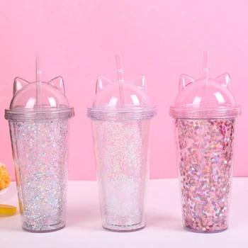 

New Summer 420ML Creative Plastic Water Bottle with Straw Flash Cat Ear Double Drinking Bottle Gift Children Drinkware