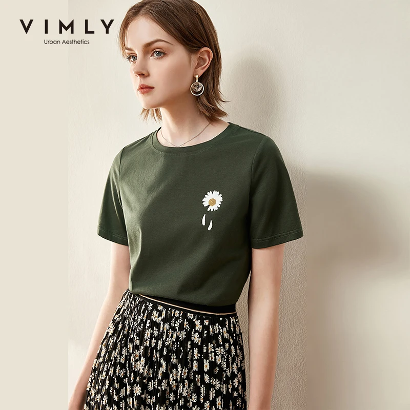 Женская футболка с принтом Ромашки Vimly Повседневная Свободная однотонная