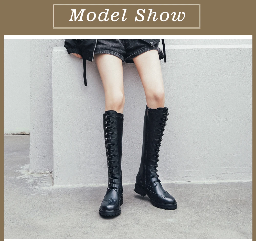 SOPHITINA Knee-High Boots Genuine Leather Solid Round Toe Round Toe Dark Style Long Laces Overbearing Shoes Zipper Boots MO304