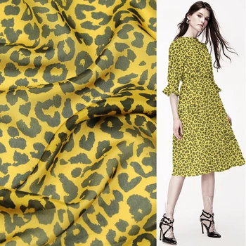 

Pure silk chiffon silk fabric black leopard in special yellow background,SCF112