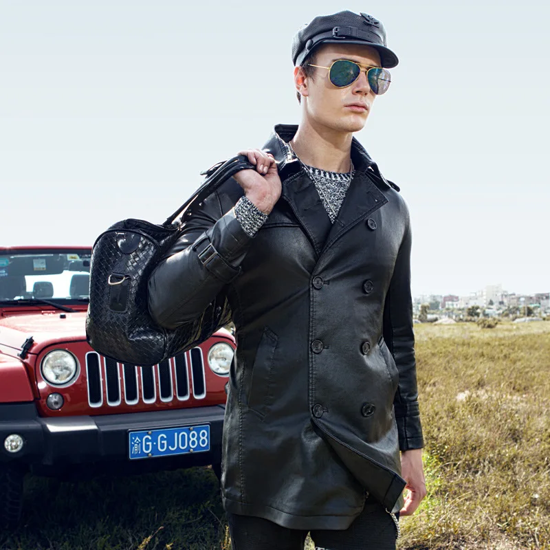 

GustOmerD Nice Autumn Tide Men's Leather Jacket Coat Korean Version Of The Slim Long Trend Casual Fashion Leather Jacket Men